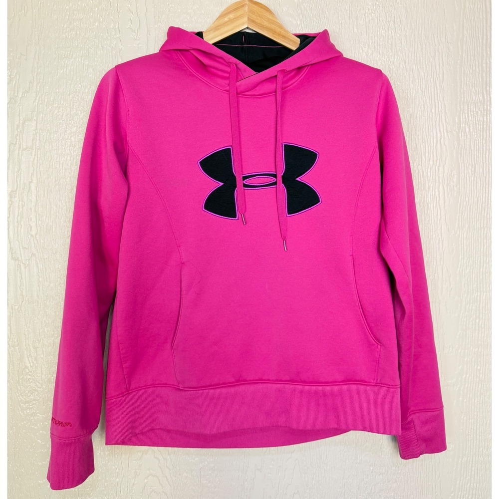 Under Armour ColdGear Storm Hoodie Pink Logo Sweatshirt Womens Large Semi Fit